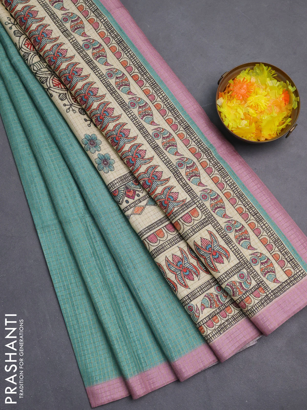 Chappa saree teal green and pastel pink with allover zari checked pattern and madhubani printed pallu