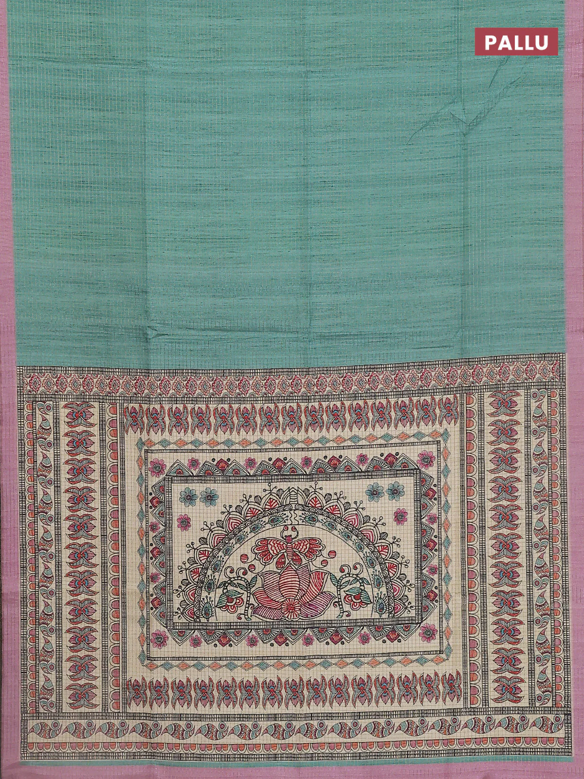 Chappa saree teal green and pastel pink with allover zari checked pattern and madhubani printed pallu - Image 3
