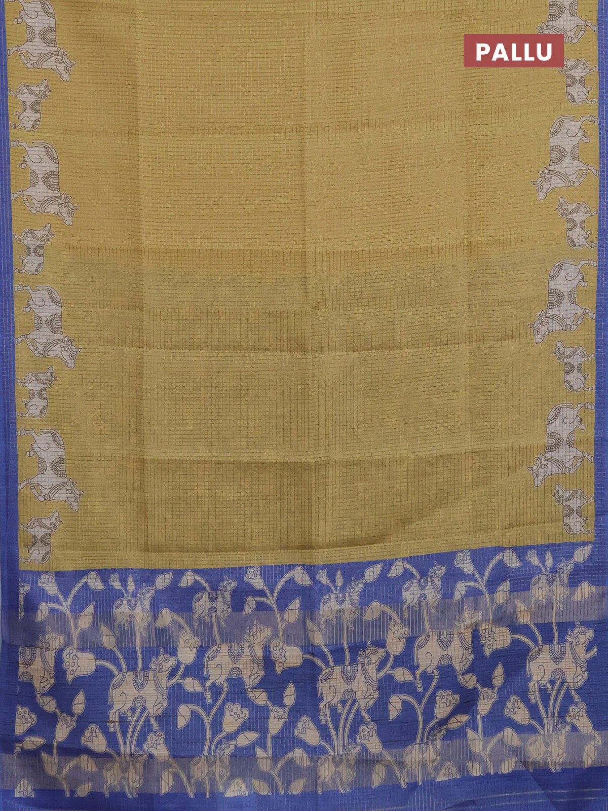 Chappa saree yellow and blue with allover small zari checked pattern and pichwai printed pallu - Image 3