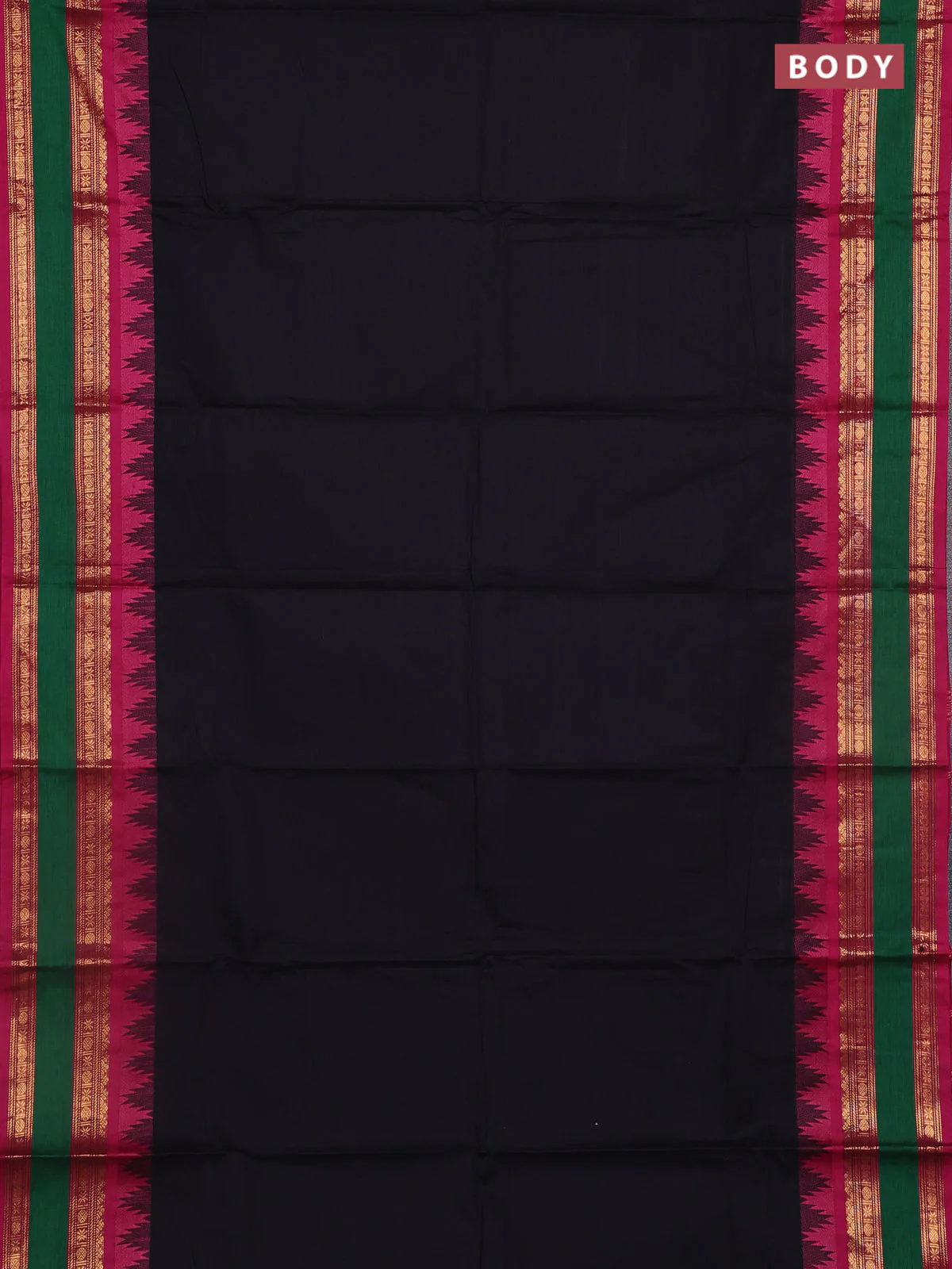 Chettinad cotton saree black and pink with plain body and temple design rettapet zari woven border - Image 2