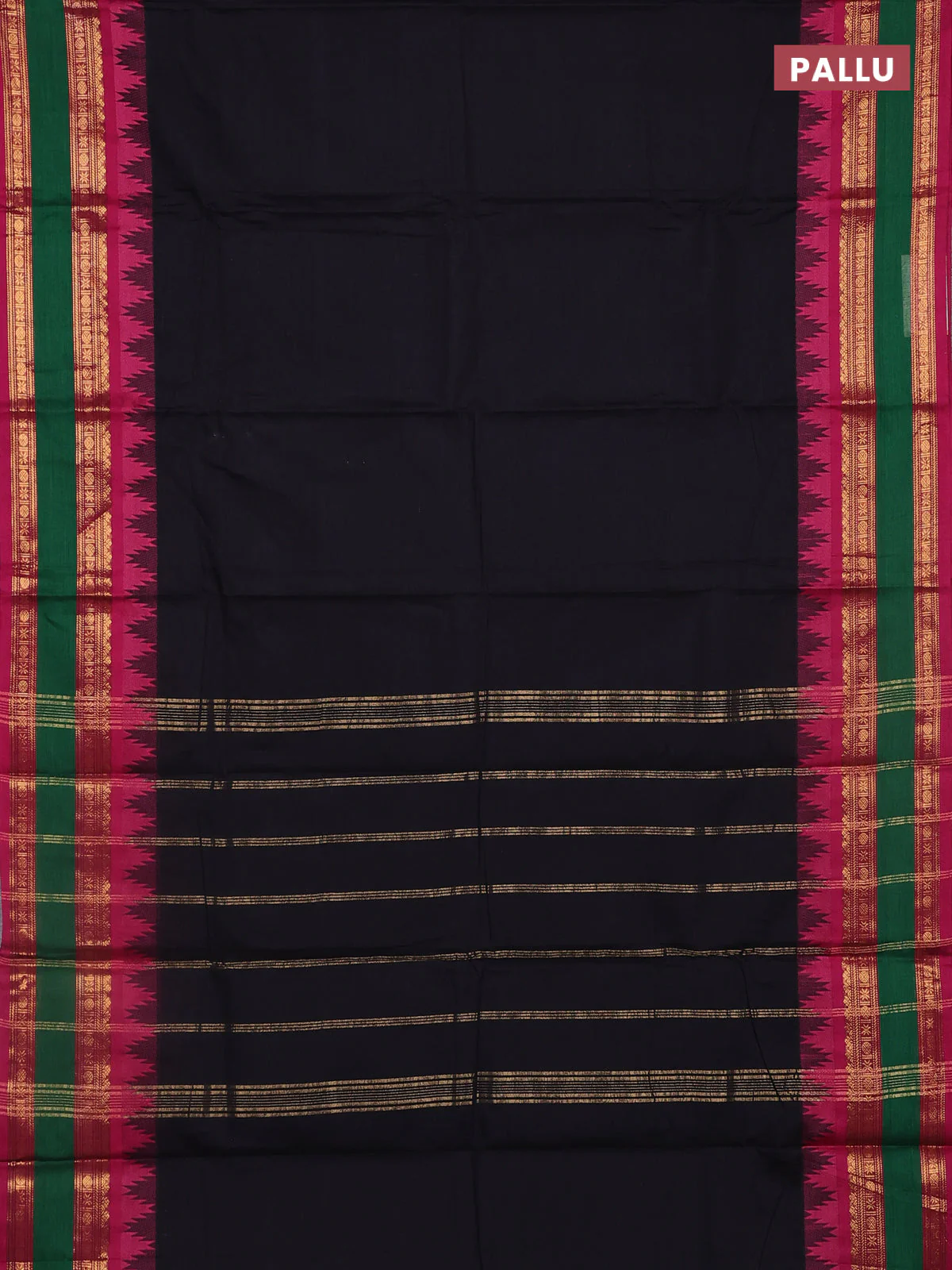Chettinad cotton saree black and pink with plain body and temple design rettapet zari woven border - Image 3