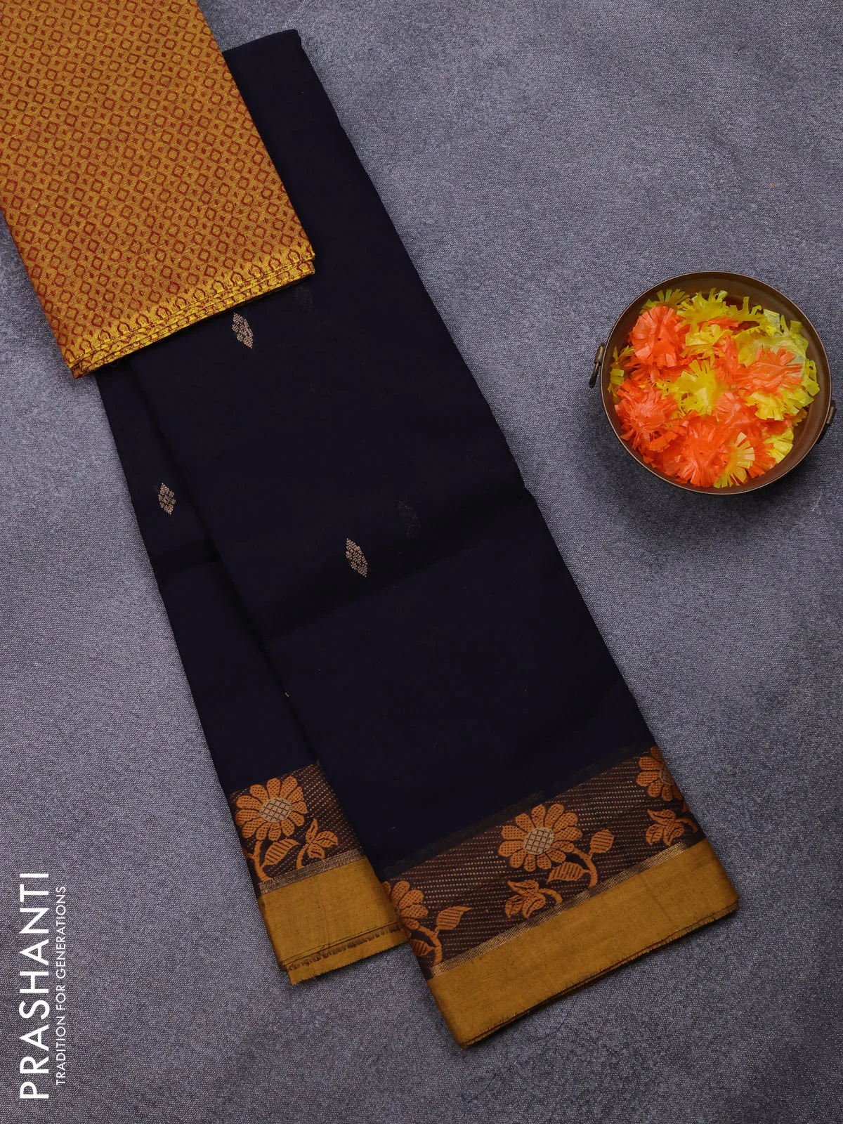Chettinad cotton saree black and yellow with thread woven buttas and thread woven border