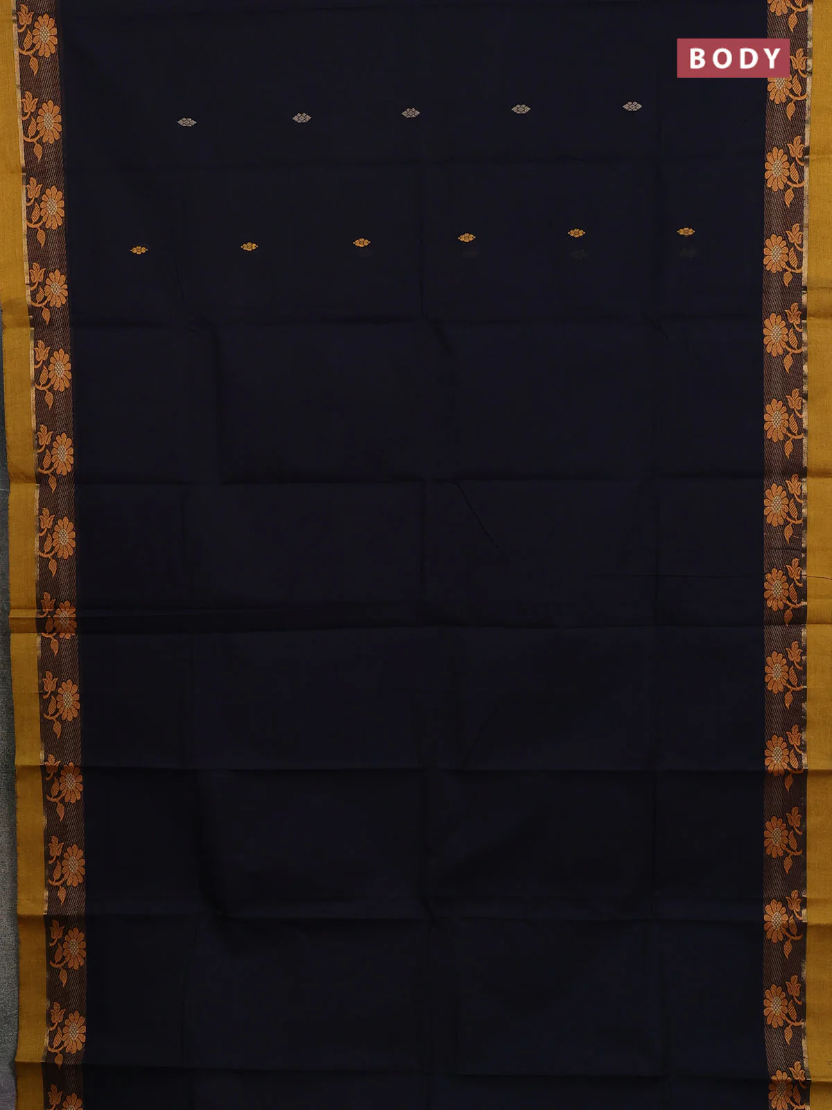 Chettinad cotton saree black and yellow with thread woven buttas and thread woven border - Image 2