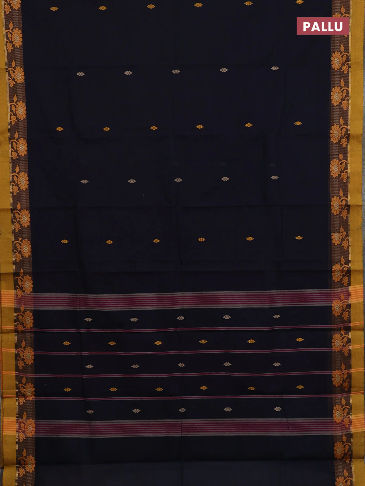 Chettinad cotton saree black and yellow with thread woven buttas and thread woven border - Image 3