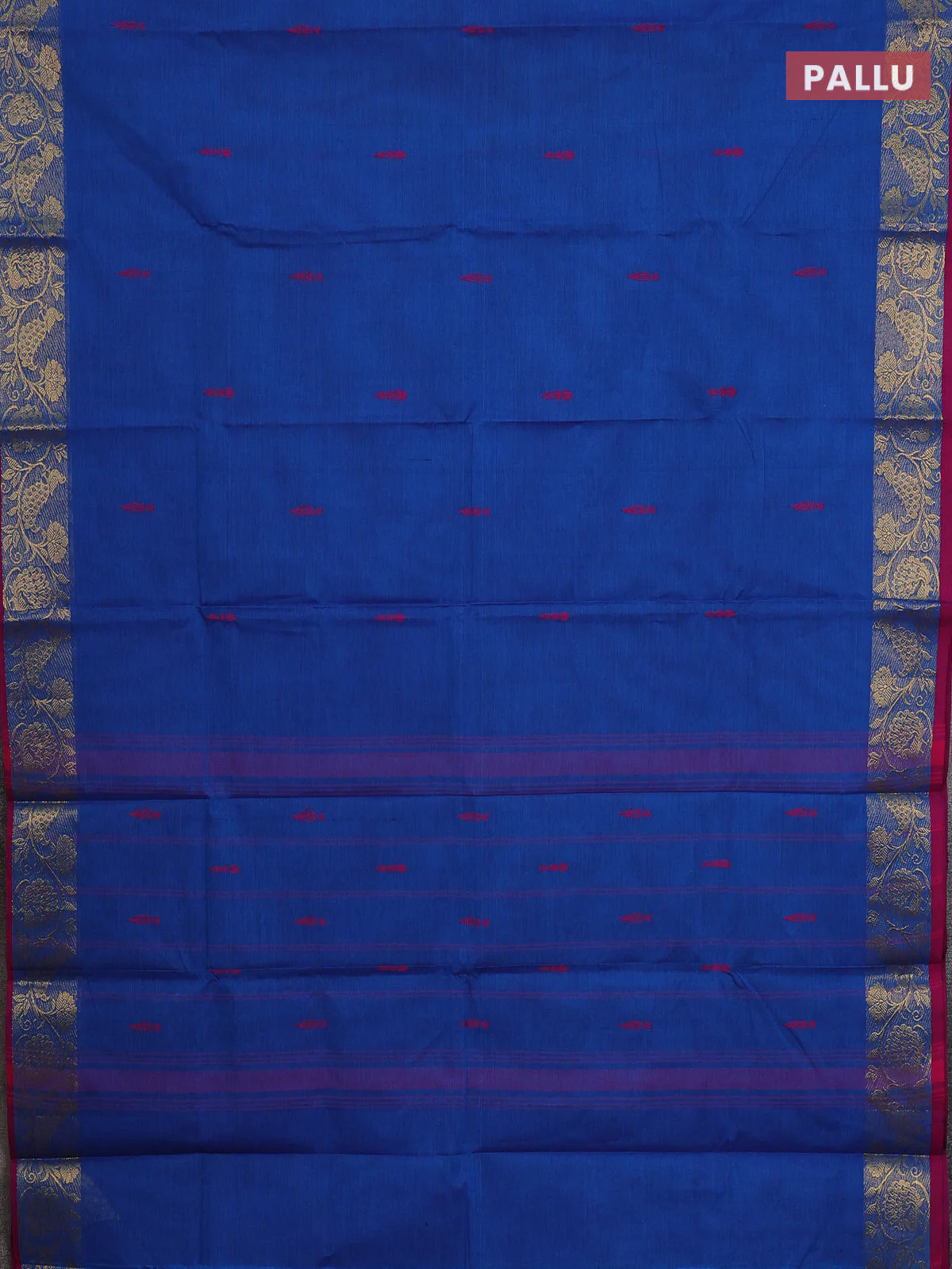 Chettinad cotton saree blue and magenta pink with thread woven buttas and peacock zari woven border - Image 3