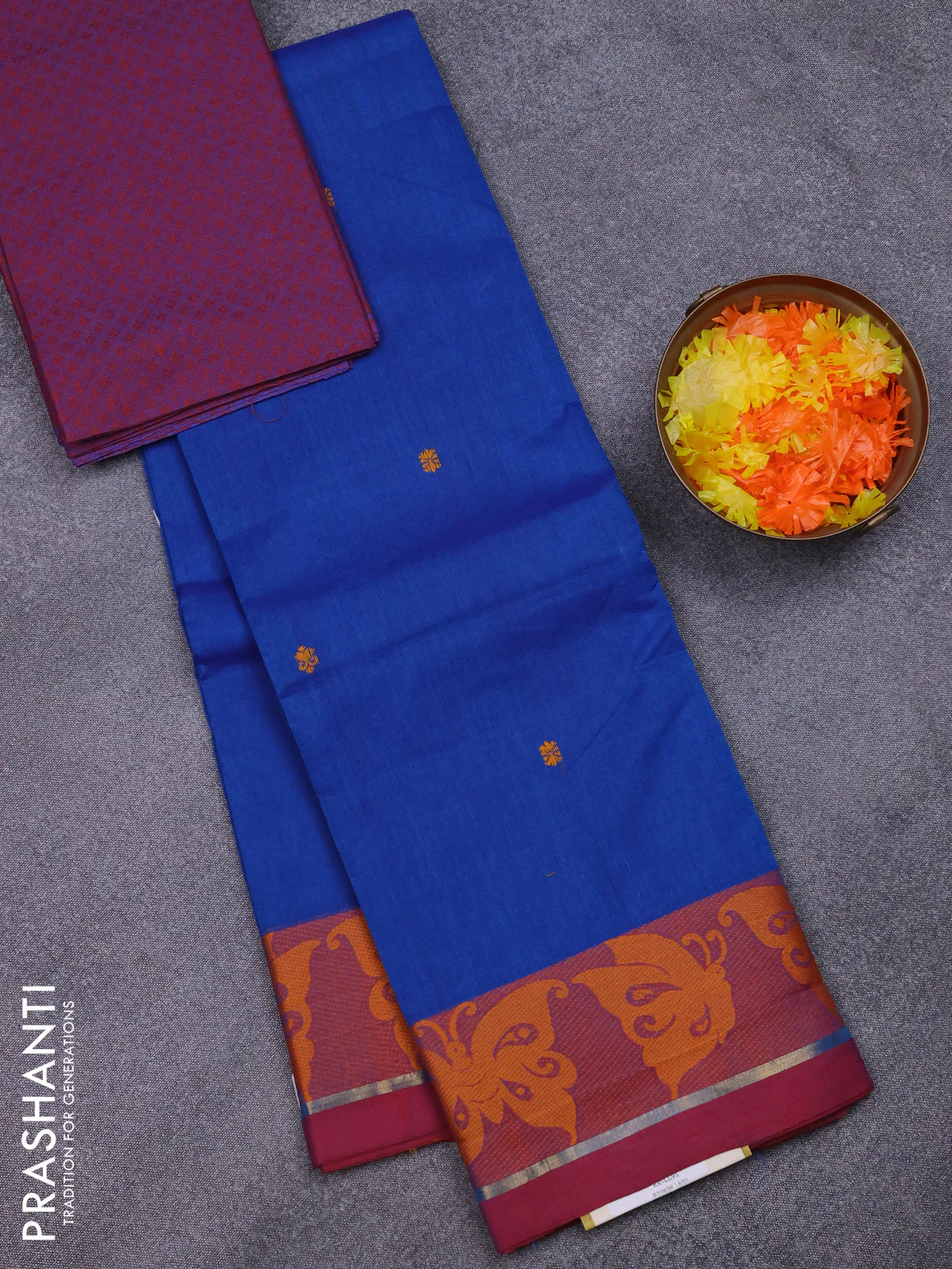 Chettinad cotton saree blue and purple with thread woven buttas and thread woven border