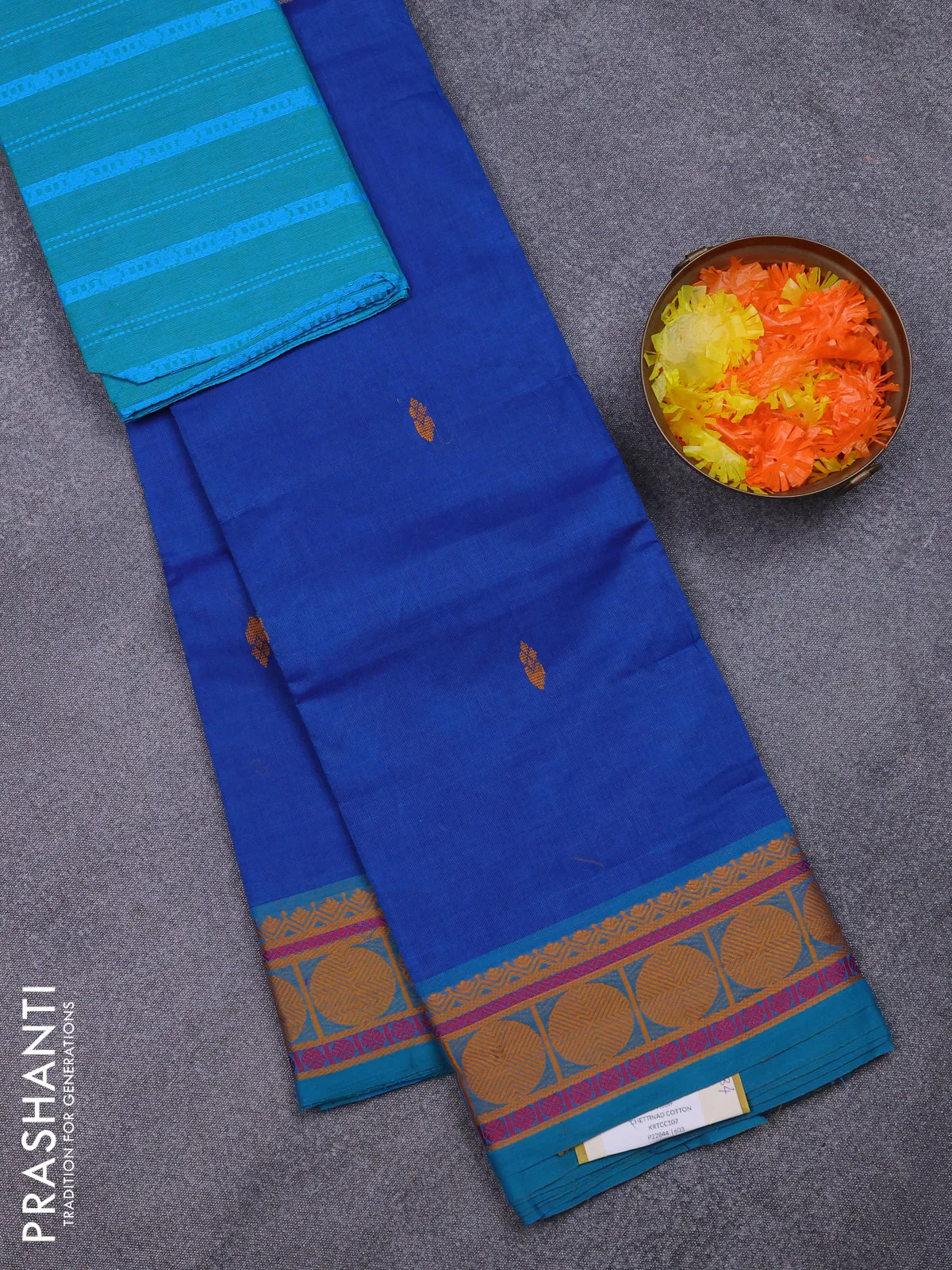 Chettinad cotton saree blue and teal green with thread woven buttas and thread woven border