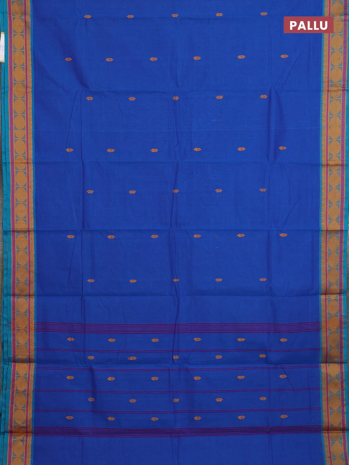 Chettinad cotton saree blue and teal green with thread woven buttas and thread woven border - Image 3