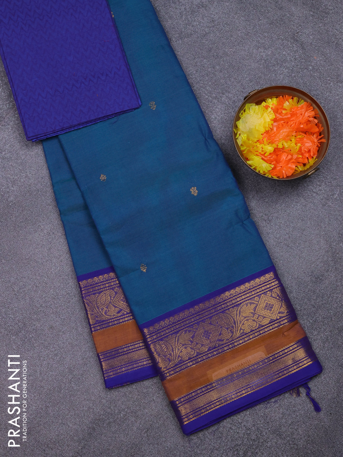Chettinad cotton saree blueish green and blue with thread woven buttas and zari woven border