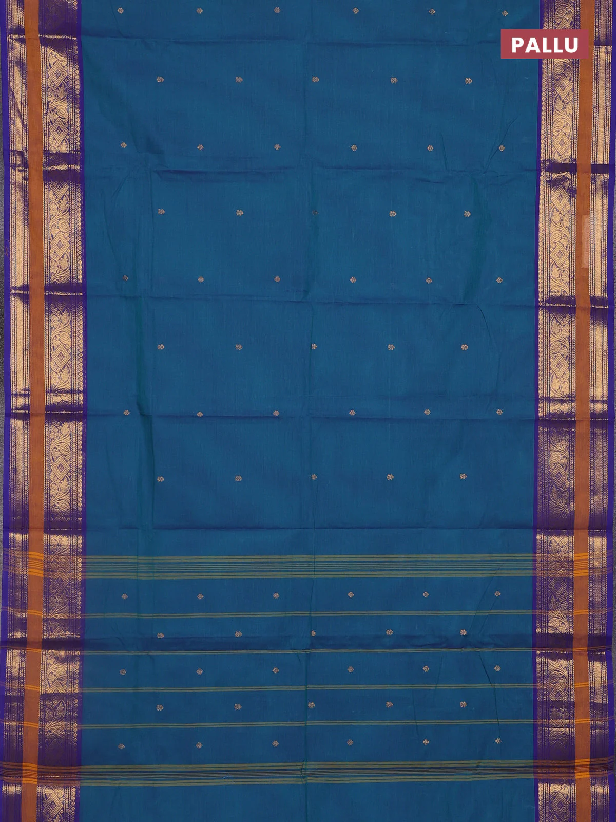Chettinad cotton saree blueish green and blue with thread woven buttas and zari woven border - Image 3