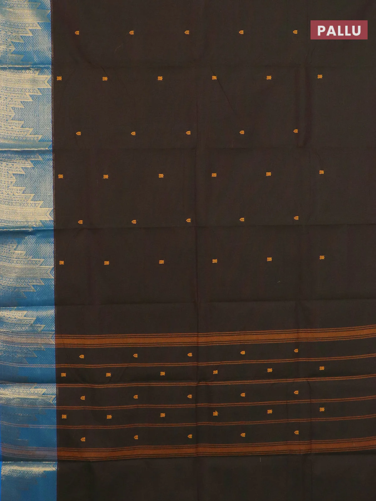 Chettinad cotton saree bottle green and cs blue with thread woven buttas and temple zari woven border - Image 3