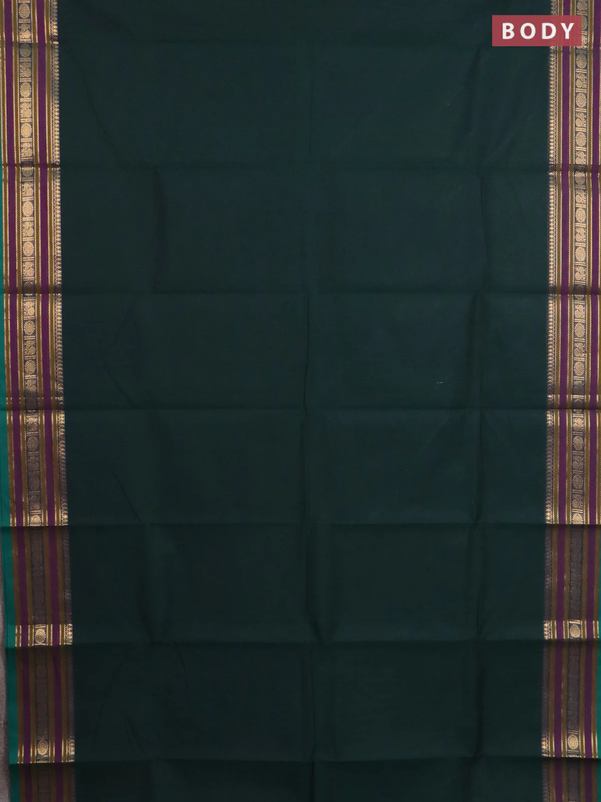 Chettinad cotton saree bottle green and teal green with plain body and rettapet zari woven butta border - Image 2