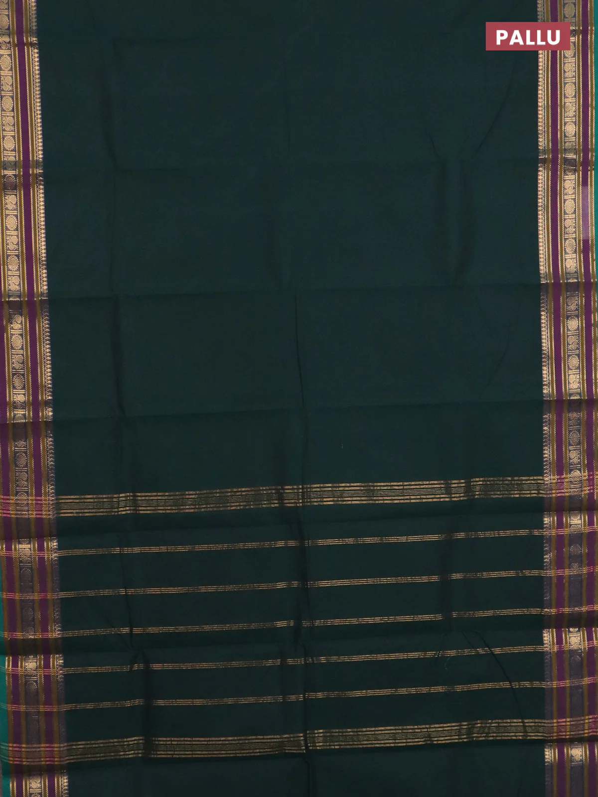 Chettinad cotton saree bottle green and teal green with plain body and rettapet zari woven butta border - Image 3