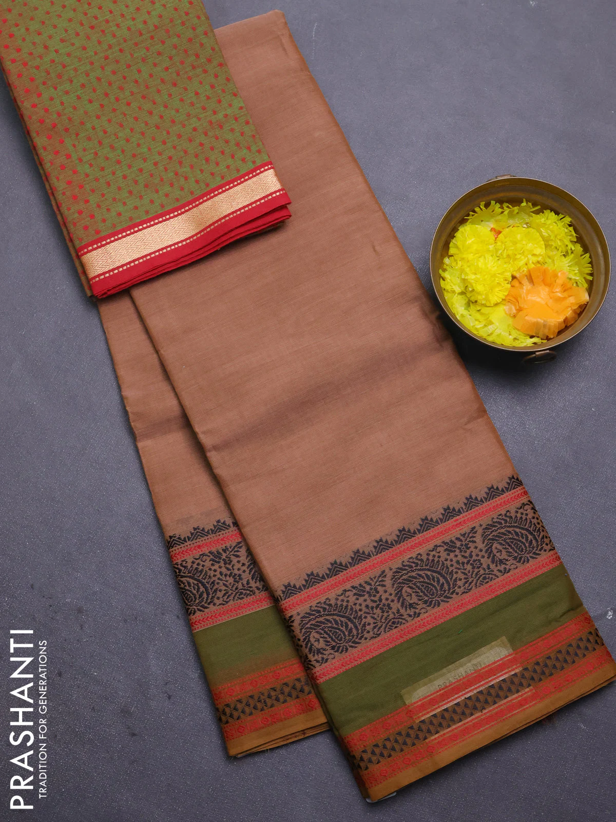 Chettinad cotton saree brown and light green with plain body and rettapet thread woven border