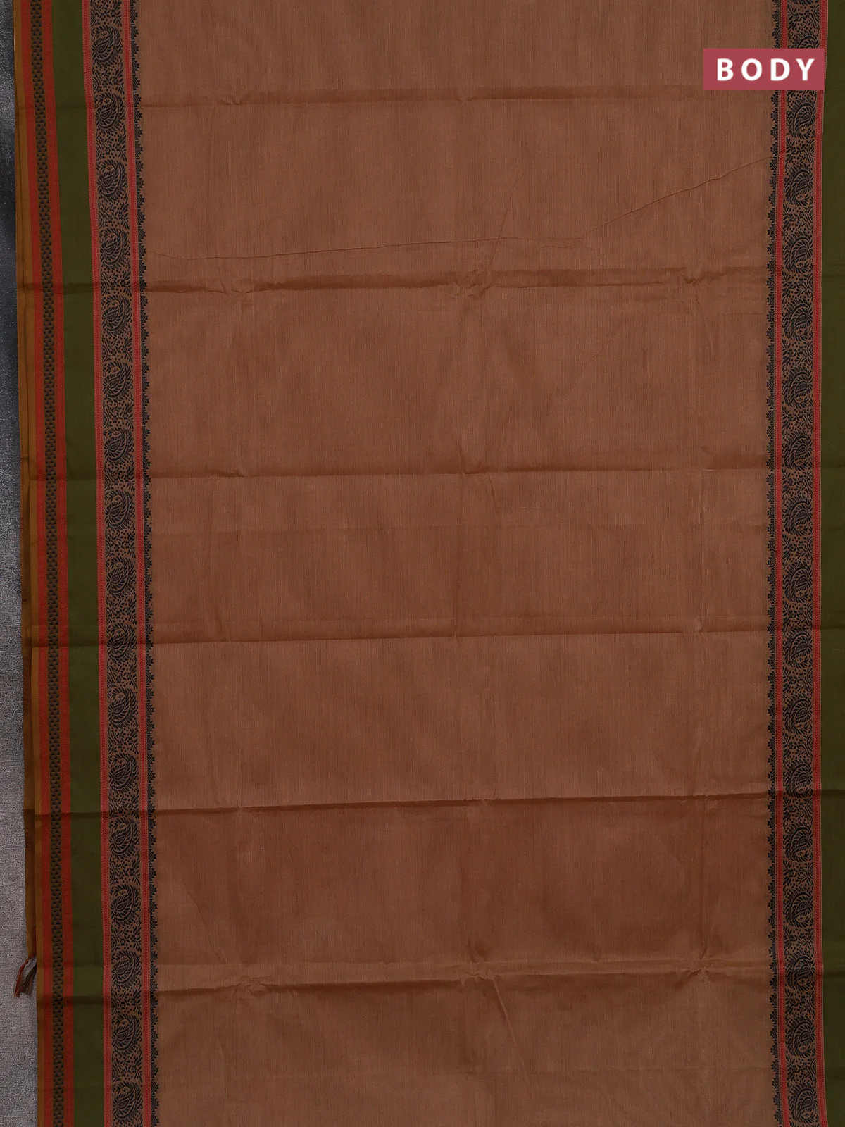 Chettinad cotton saree brown and light green with plain body and rettapet thread woven border - Image 2