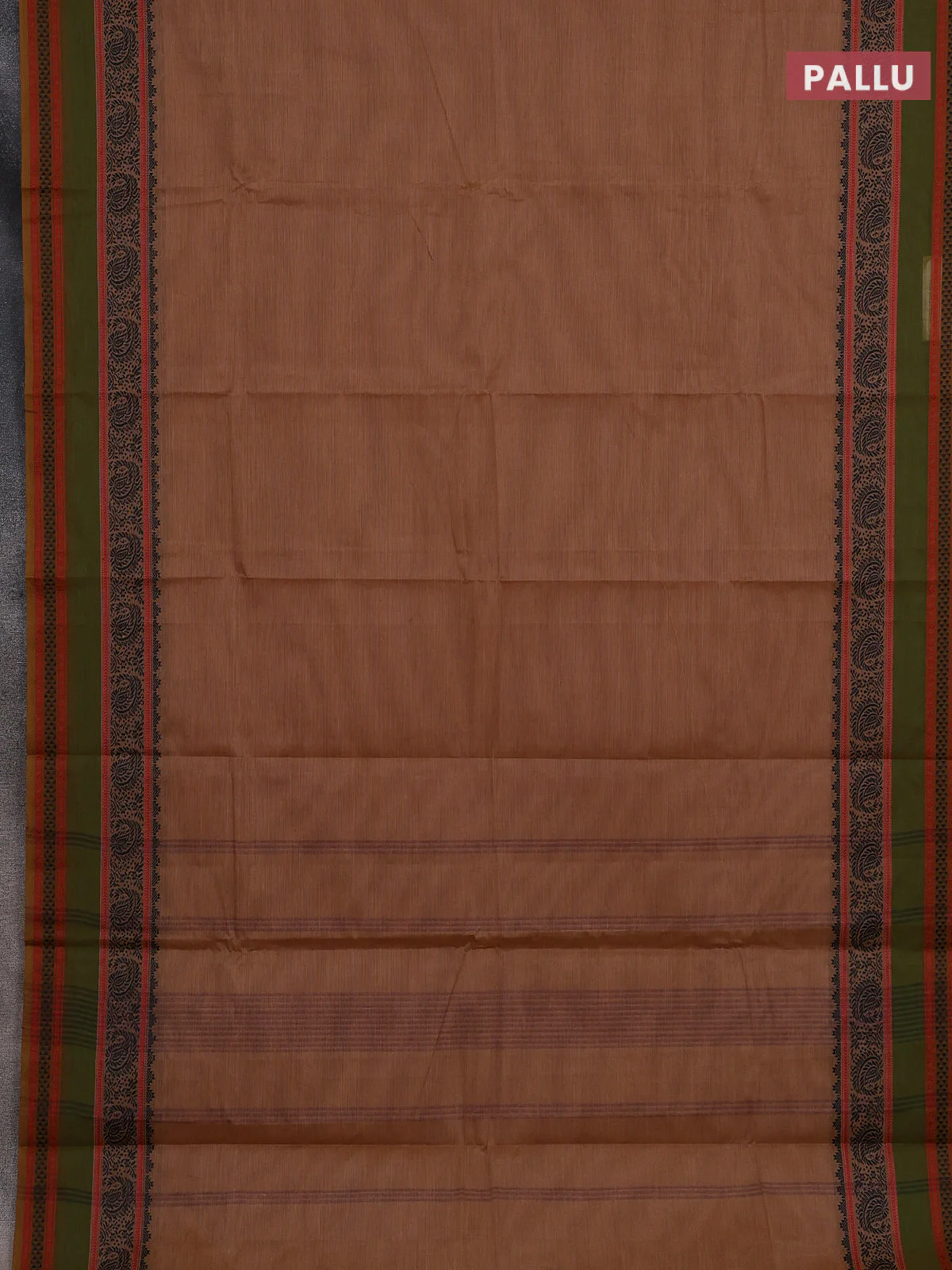 Chettinad cotton saree brown and light green with plain body and rettapet thread woven border - Image 3