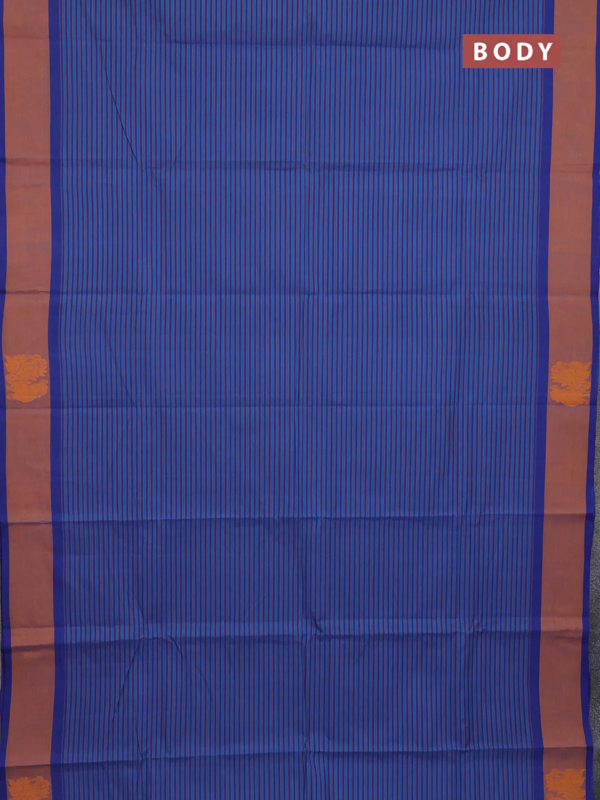 Chettinad cotton saree cs blue and blue rust with allover stripe pattern and annam thread woven butta border - Image 2