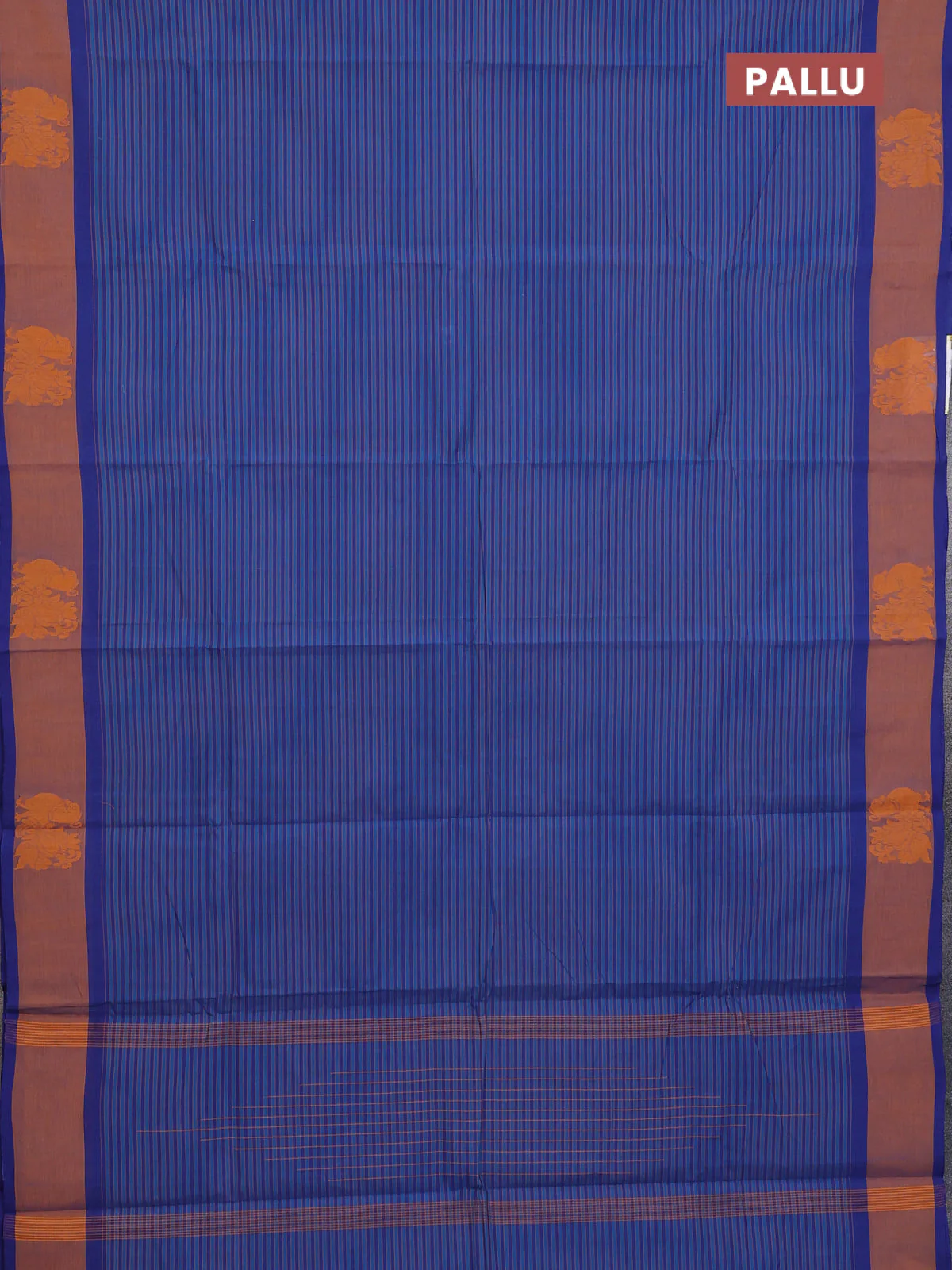 Chettinad cotton saree cs blue and blue rust with allover stripe pattern and annam thread woven butta border - Image 3