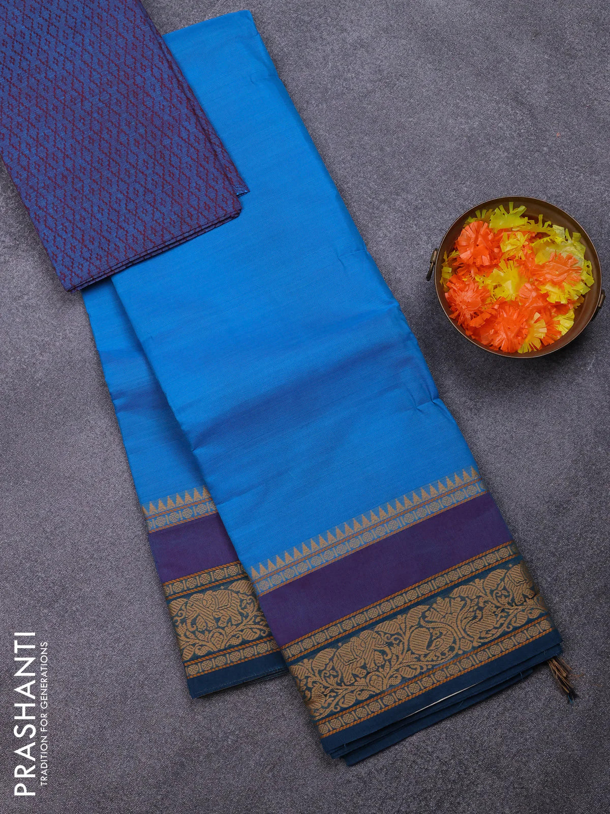 Chettinad cotton saree cs blue and bluish purple with plain body and temple design rettapet thread woven border