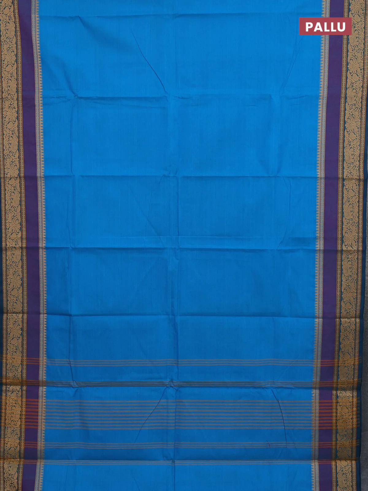 Chettinad cotton saree cs blue and bluish purple with plain body and temple design rettapet thread woven border - Image 3