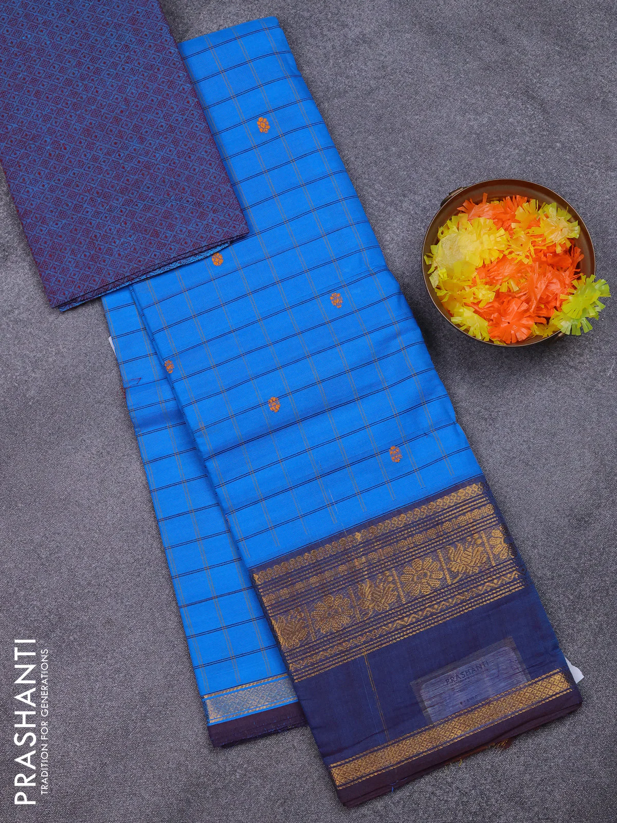 Chettinad cotton saree cs blue and brown with allover checks & thread woven buttas and zari woven border