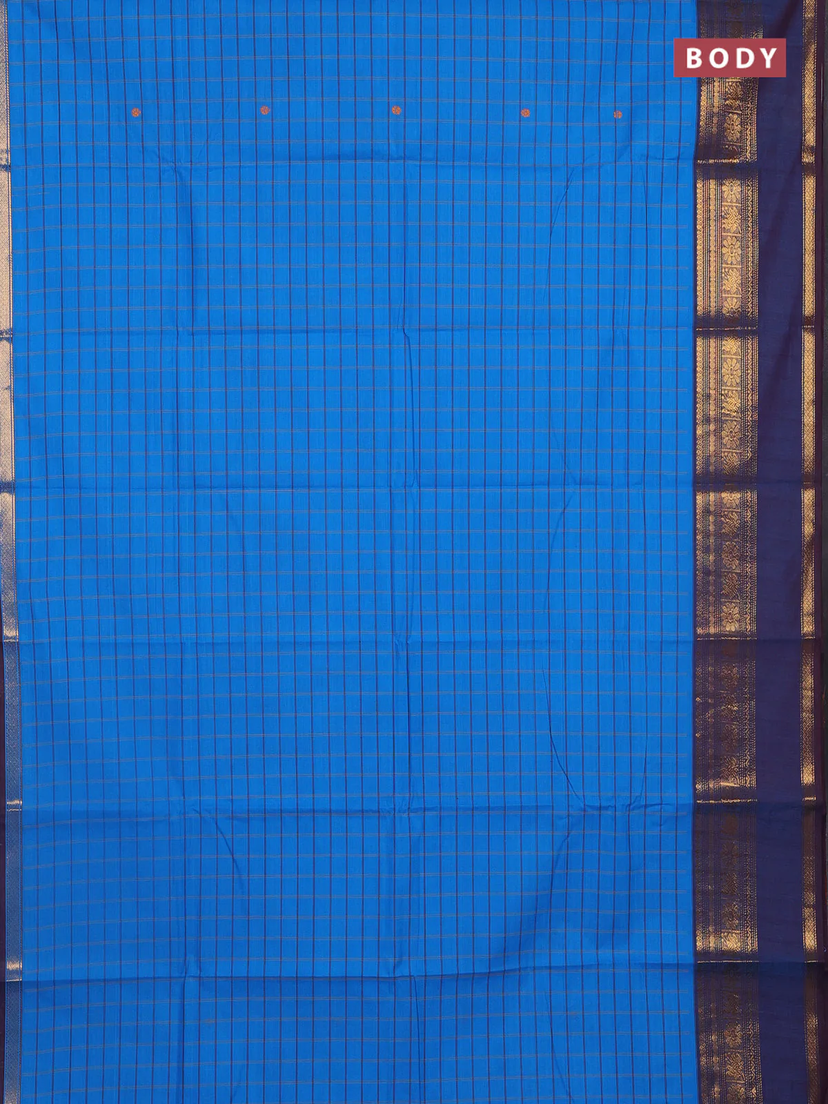 Chettinad cotton saree cs blue and brown with allover checks & thread woven buttas and zari woven border - Image 2