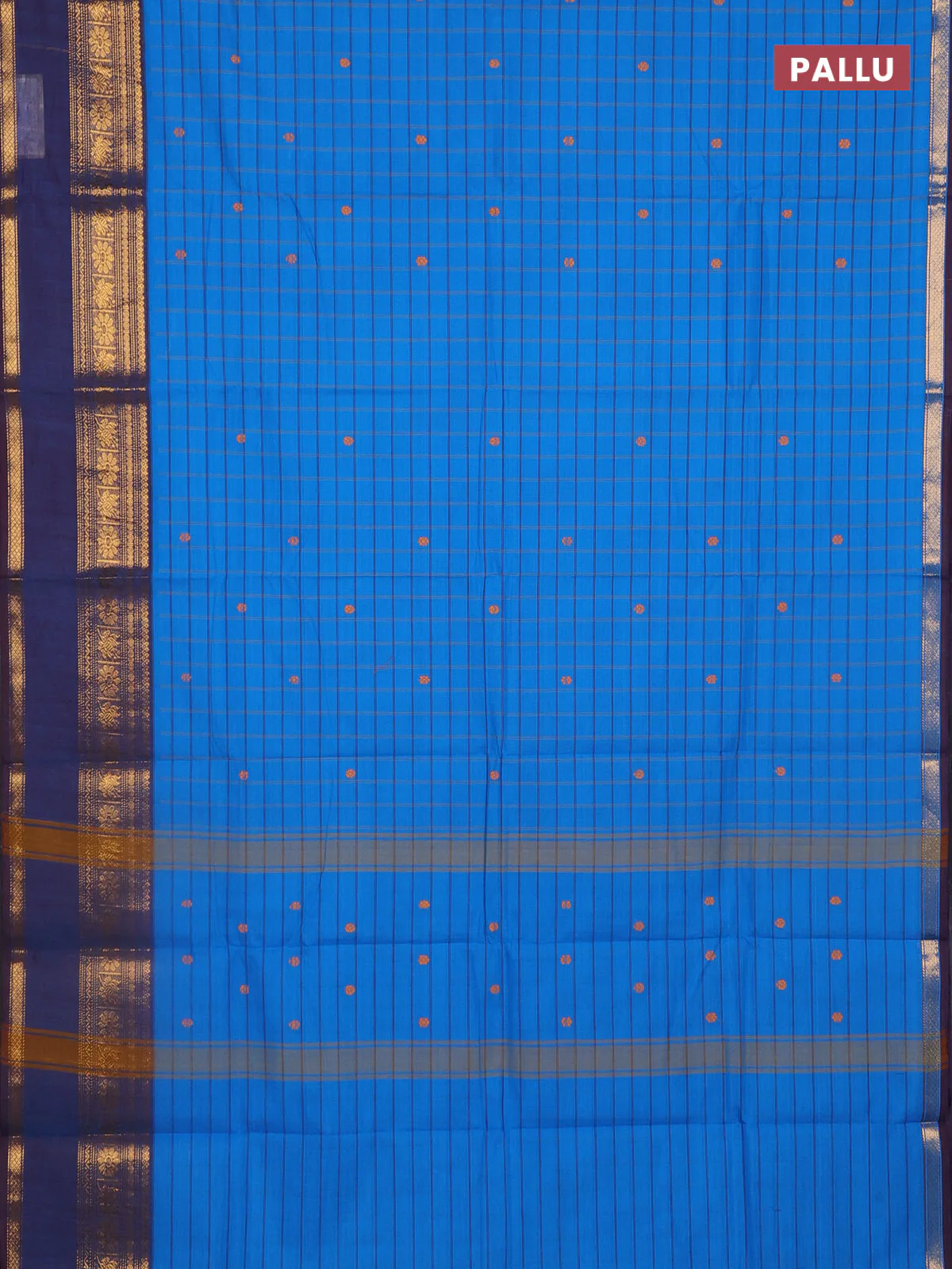 Chettinad cotton saree cs blue and brown with allover checks & thread woven buttas and zari woven border - Image 3