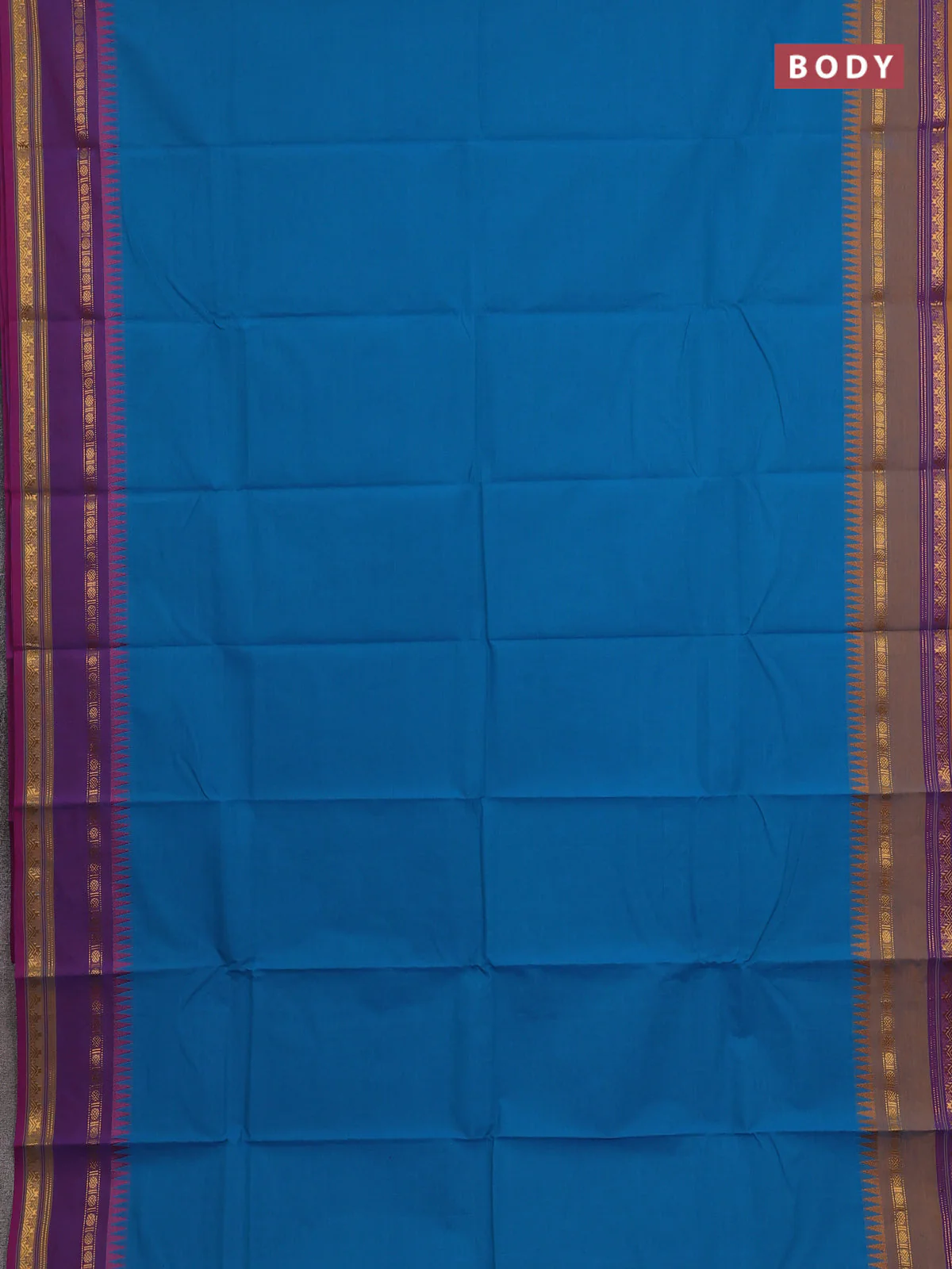 Chettinad cotton saree cs blue and dark mustard with plain body and ganga jamuna border - Image 2