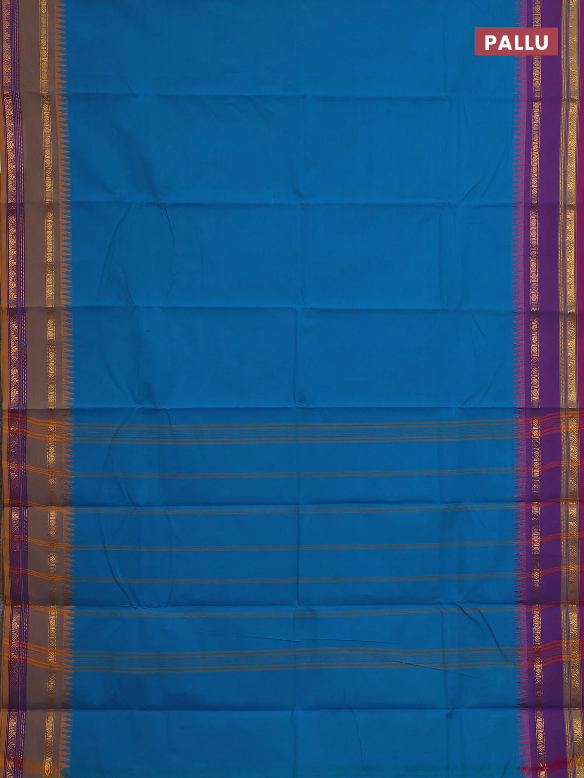 Chettinad cotton saree cs blue and dark mustard with plain body and ganga jamuna border - Image 3