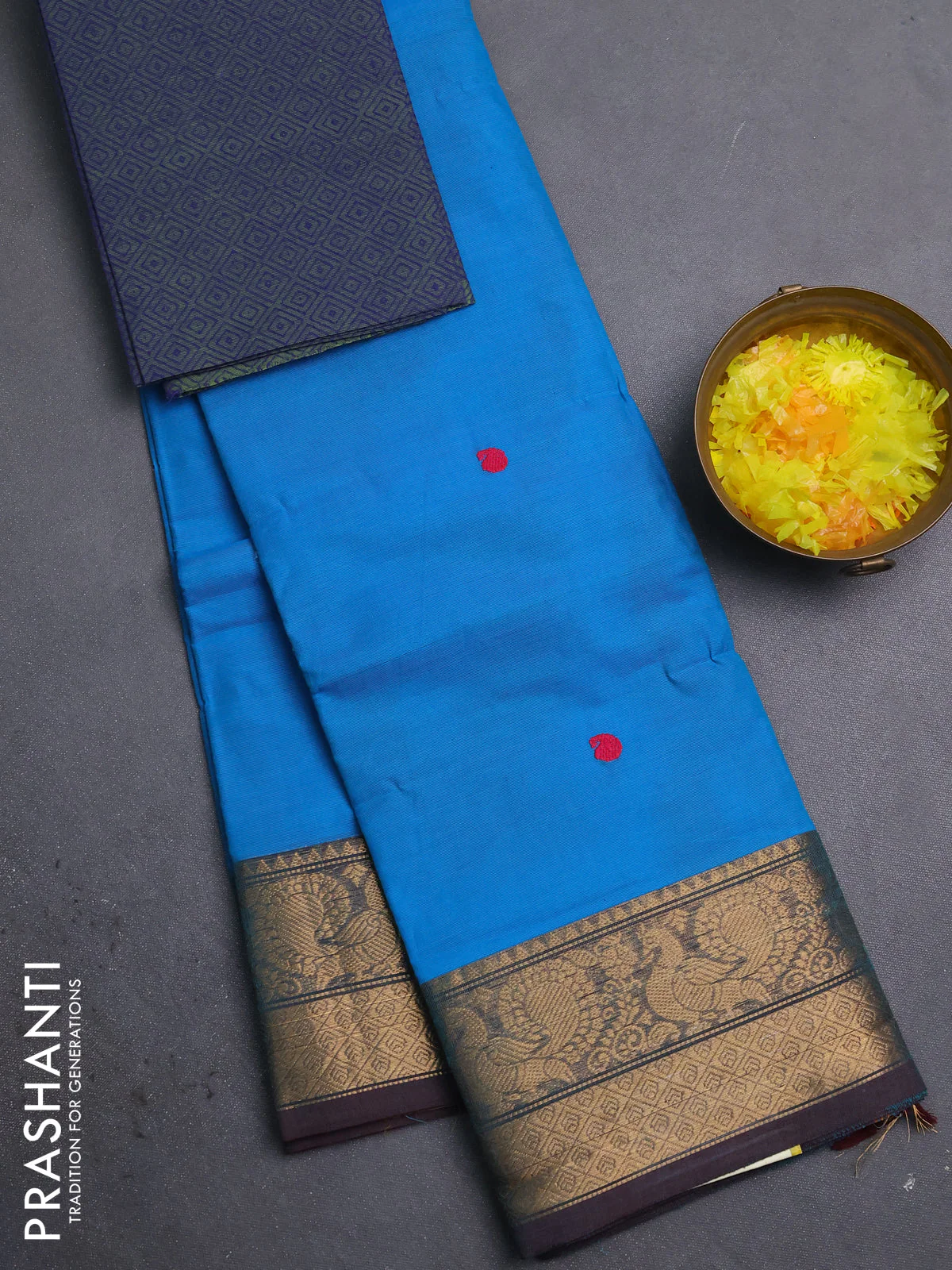 Chettinad cotton saree cs blue and navy blue with thread woven buttas and zari woven border