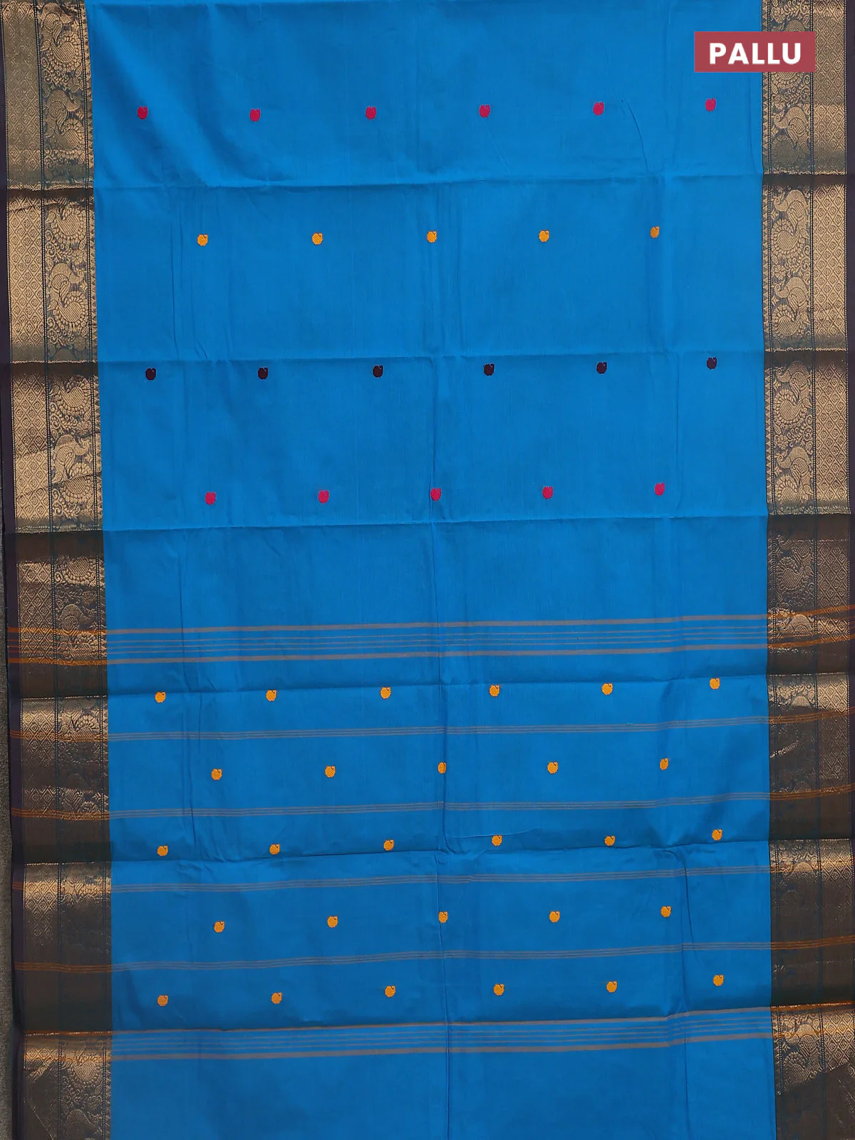 Chettinad cotton saree cs blue and navy blue with thread woven buttas and zari woven border - Image 3