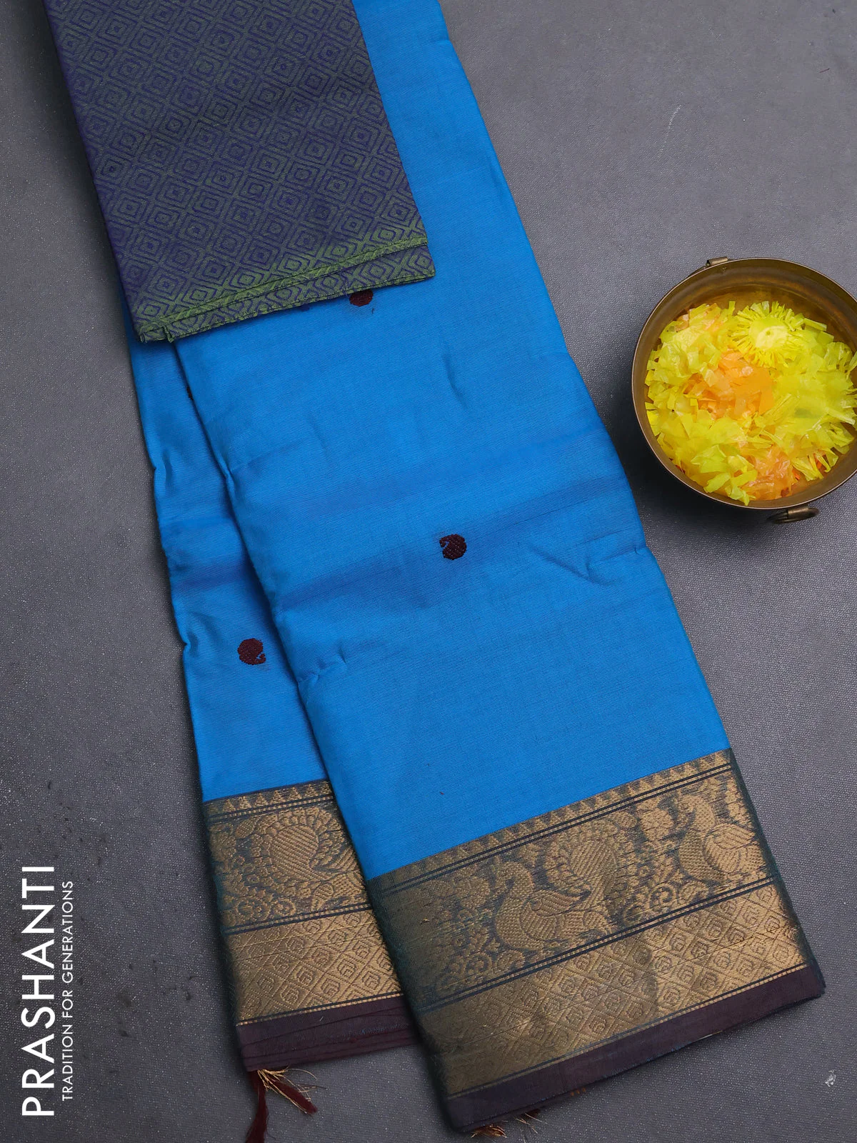 Chettinad cotton saree cs blue and navy blue with thread woven buttas and zari woven border