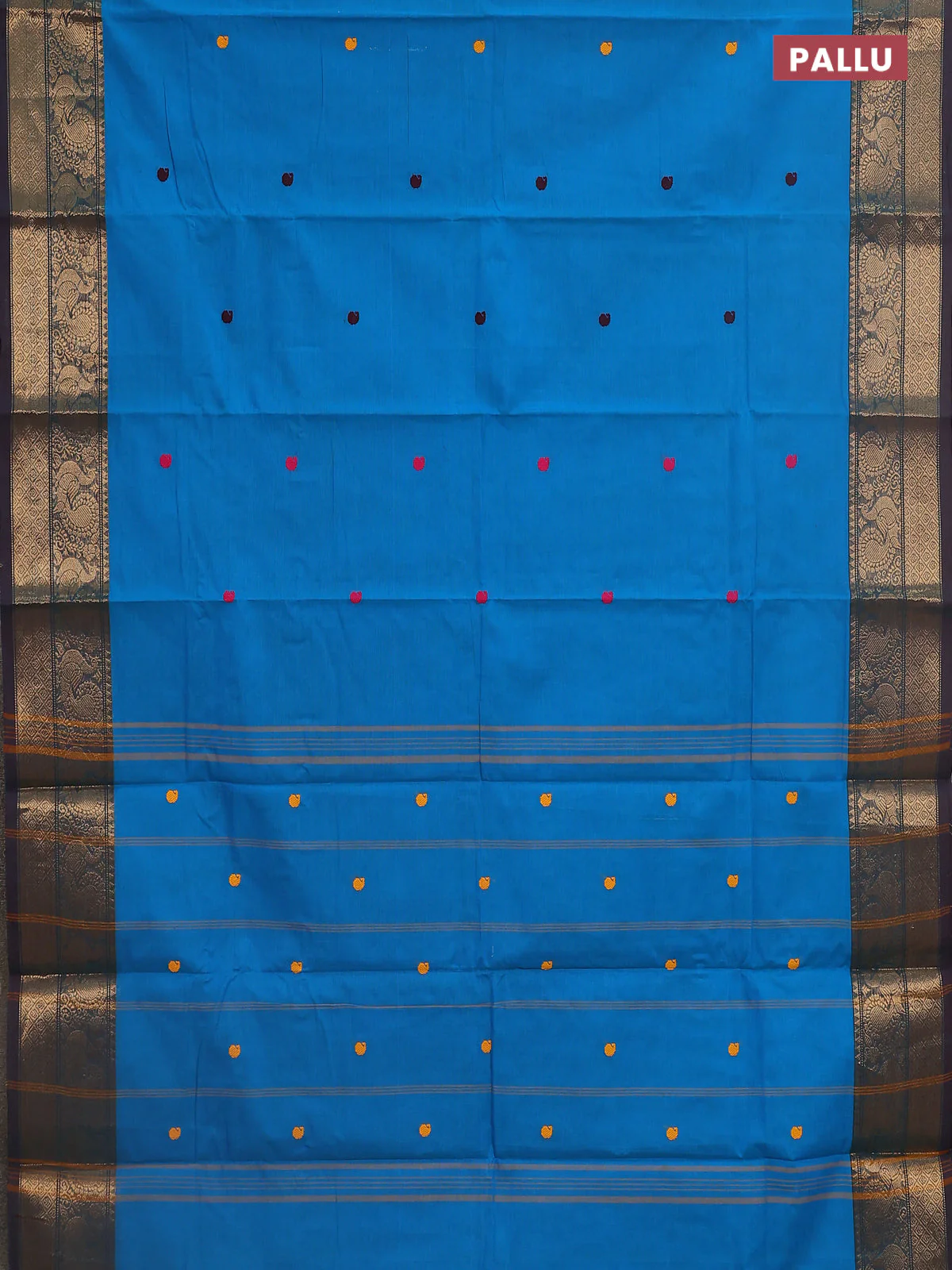 Chettinad cotton saree cs blue and navy blue with thread woven buttas and zari woven border - Image 3