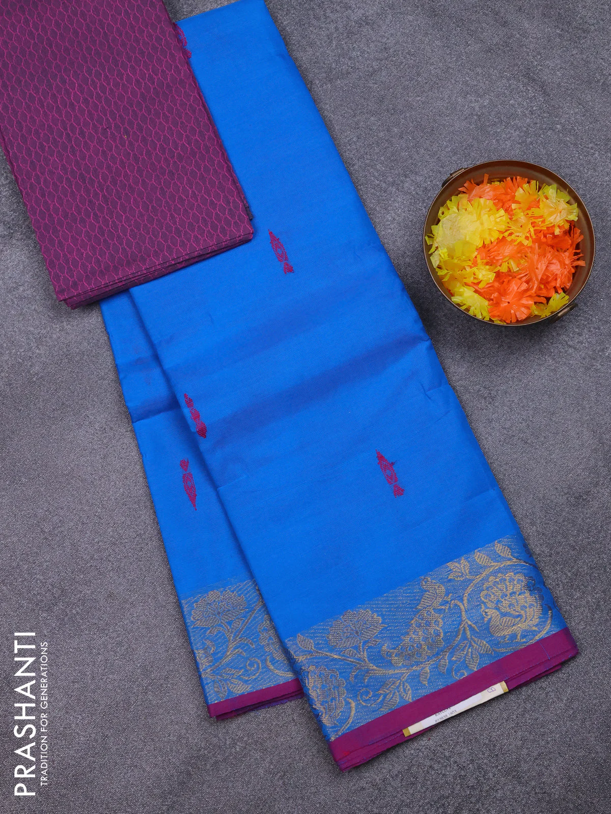 Chettinad cotton saree cs blue and purple with thread woven buttas and peacock zari woven border