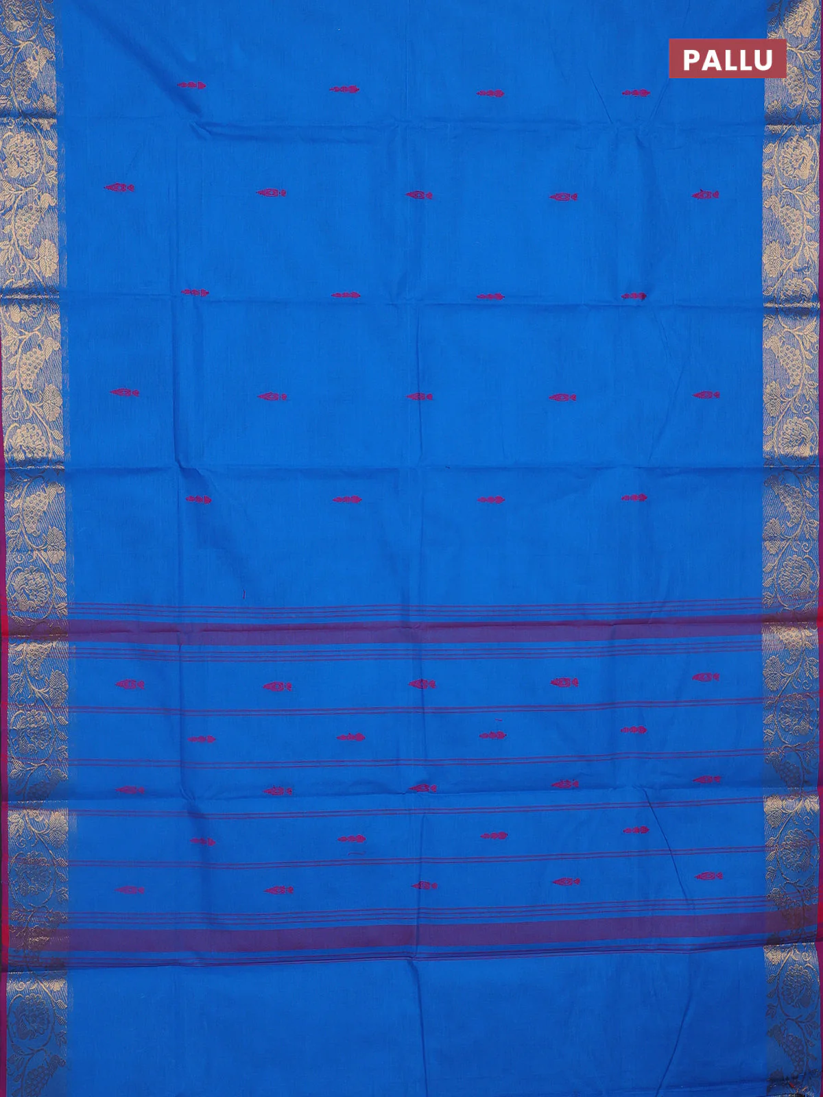 Chettinad cotton saree cs blue and purple with thread woven buttas and peacock zari woven border - Image 3