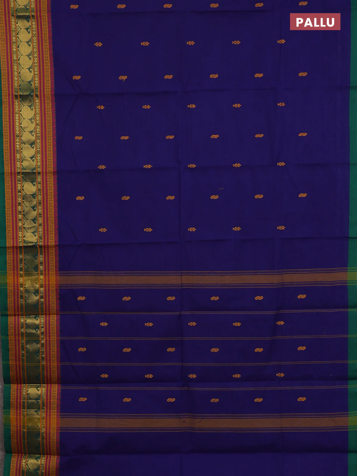 Chettinad cotton saree dark blue and green with thread woven buttas and thread & zari woven border - Image 3