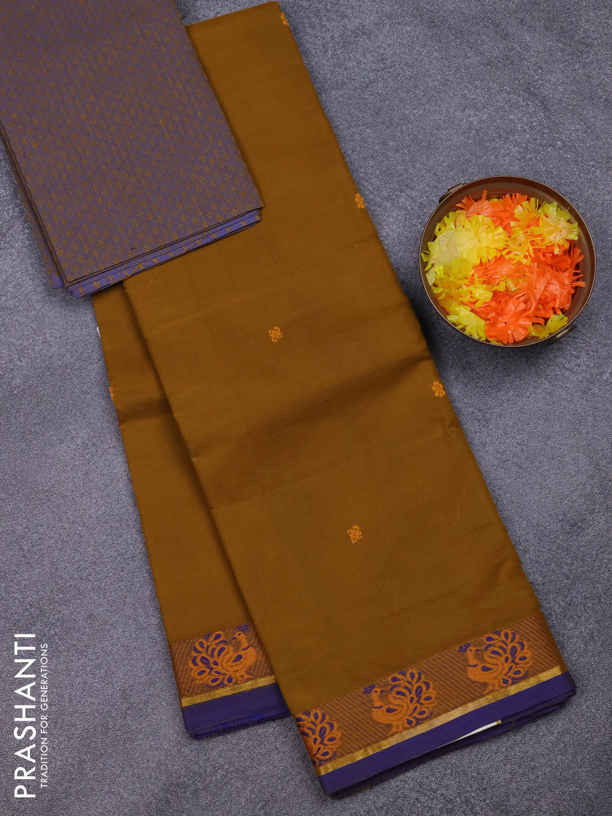 Chettinad cotton saree dark mustard and blue with thread woven buttas and thread woven border