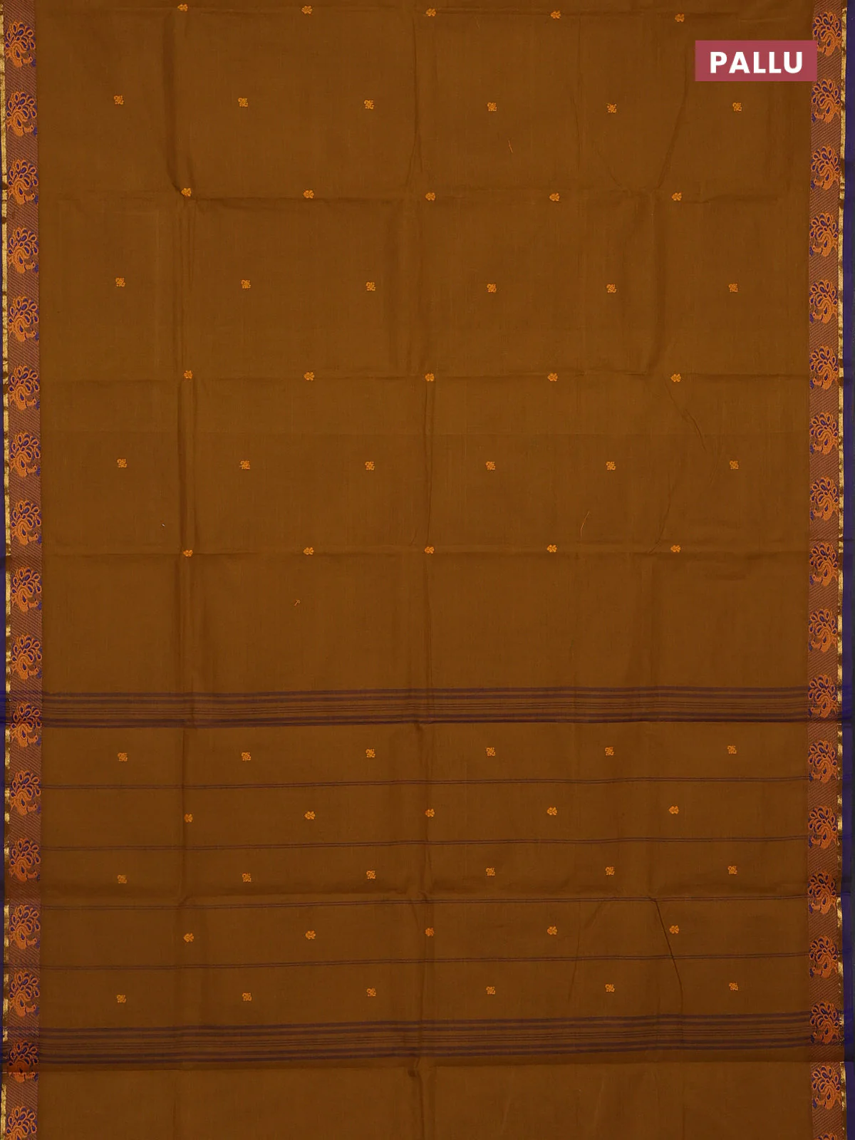 Chettinad cotton saree dark mustard and blue with thread woven buttas and thread woven border - Image 3