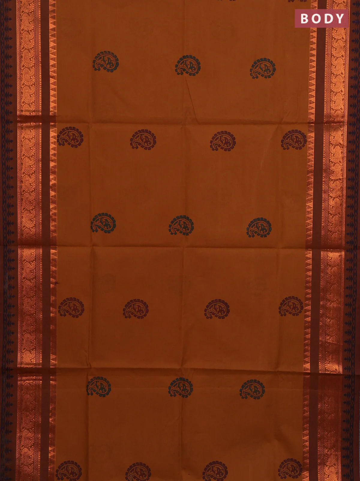 Chettinad cotton saree dark mustard and brown with paisley butta prints and copper annam zari woven border - Image 2