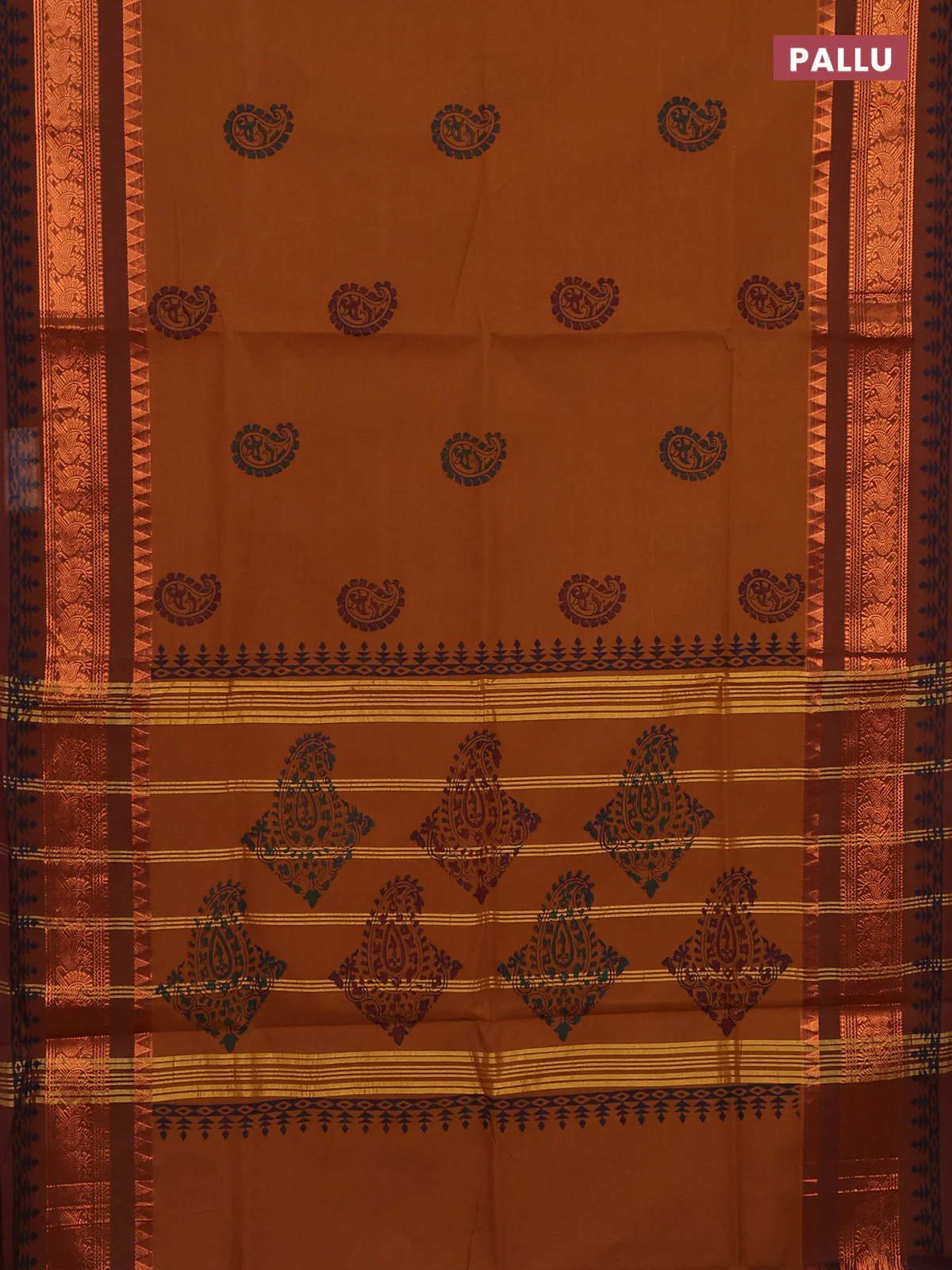 Chettinad cotton saree dark mustard and brown with paisley butta prints and copper annam zari woven border - Image 3