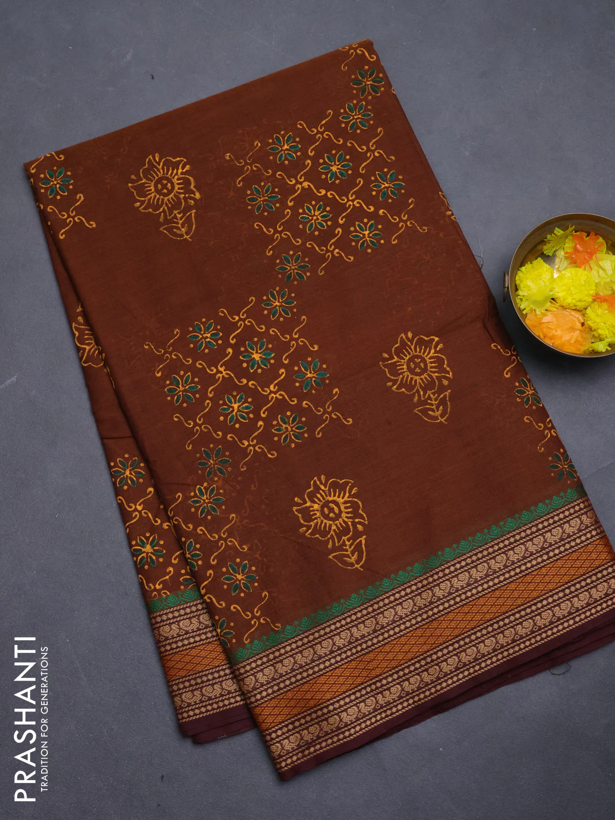 Chettinad cotton saree dark mustard and coffee brown with allover prints and thread woven border