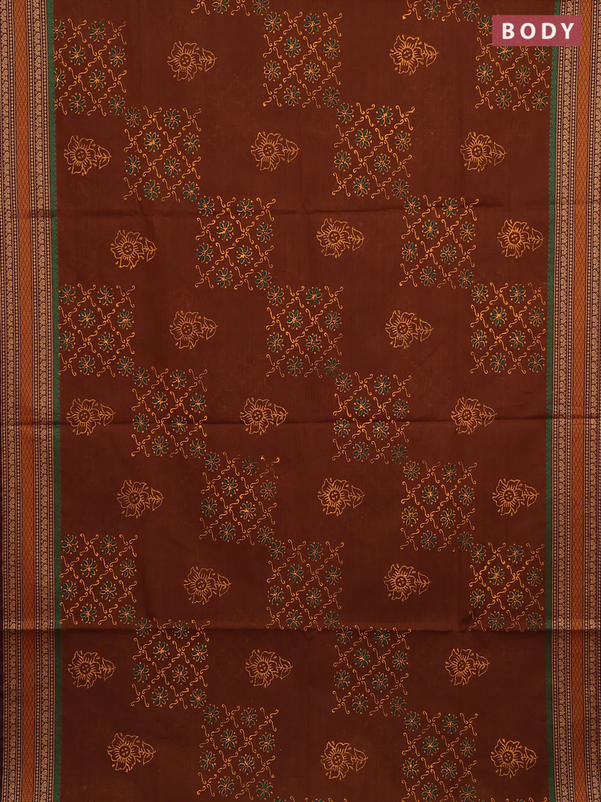 Chettinad cotton saree dark mustard and coffee brown with allover prints and thread woven border - Image 2