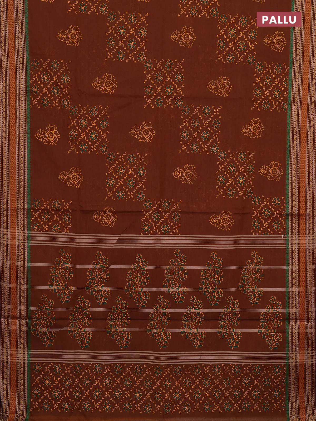 Chettinad cotton saree dark mustard and coffee brown with allover prints and thread woven border - Image 3
