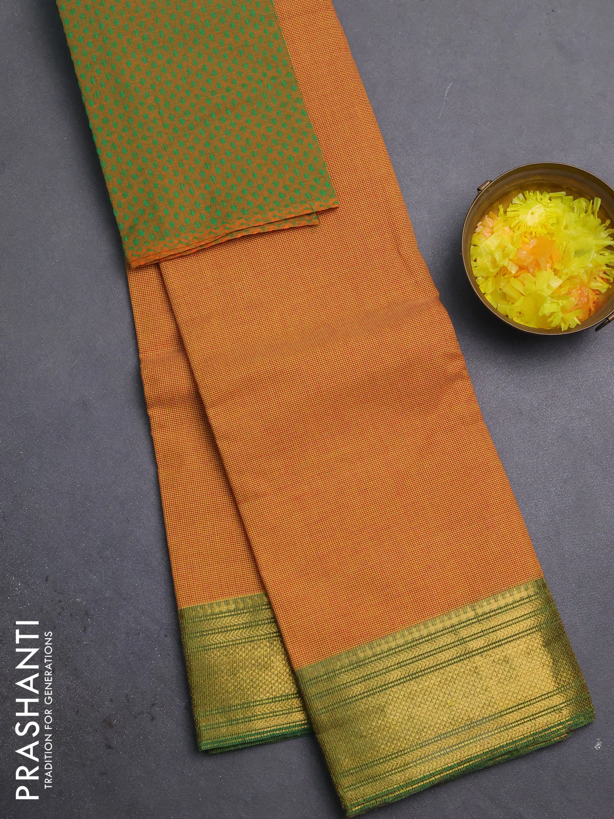 Chettinad cotton saree dark mustard and light green with allover small checked pattern and zari woven border