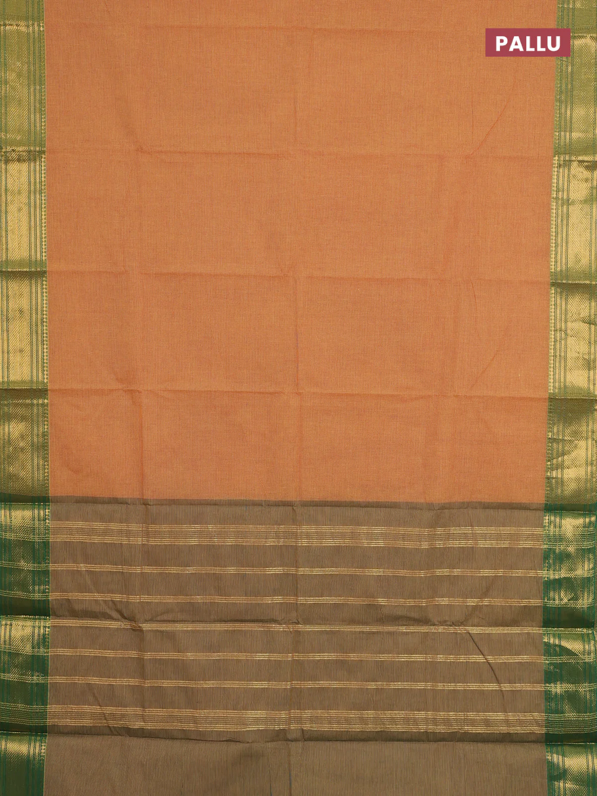 Chettinad cotton saree dark mustard and light green with allover small checked pattern and zari woven border - Image 3