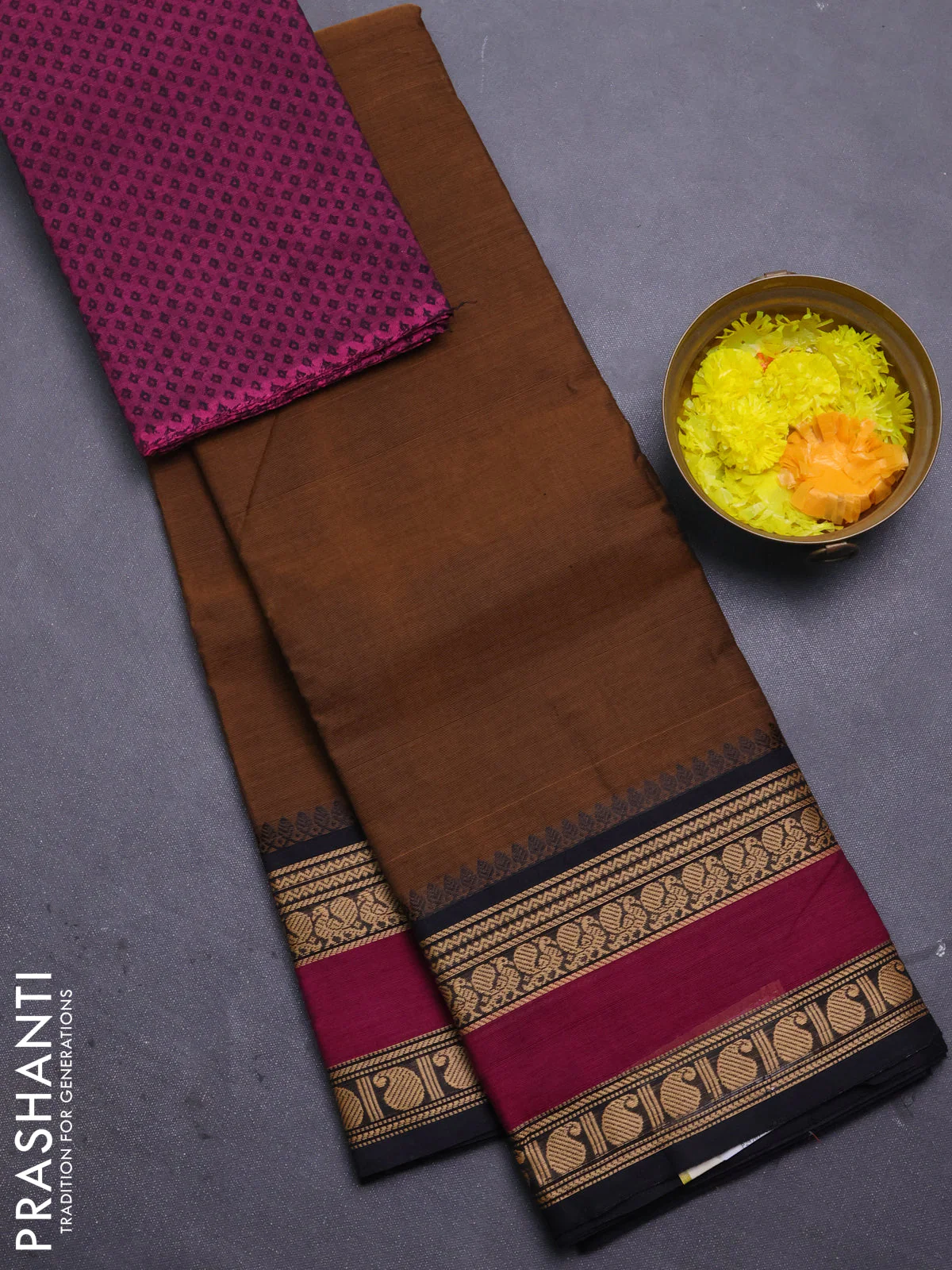 Chettinad cotton saree dark mustard and purple with plain body and rettapet thread woven border