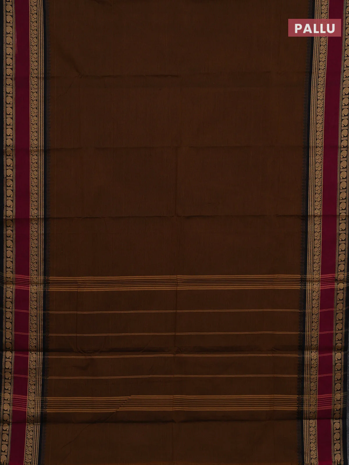 Chettinad cotton saree dark mustard and purple with plain body and rettapet thread woven border - Image 3