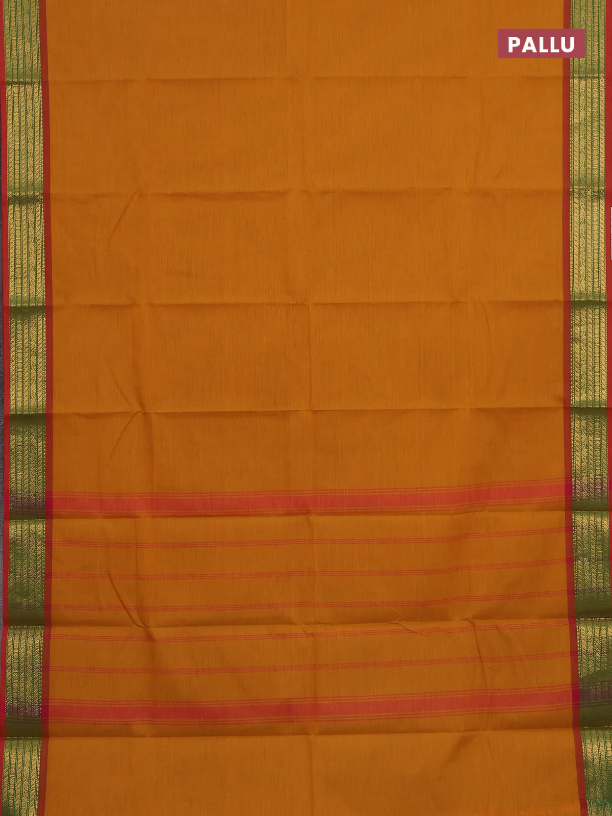 Chettinad cotton saree dark mustard and rustic orange with plain body and zari woven border - Image 3