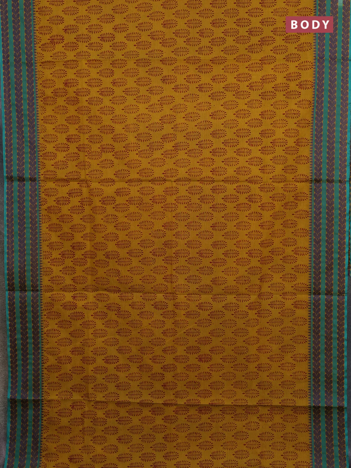Chettinad cotton saree dark mustard and teal green with allover butta prints and thread woven border - Image 2