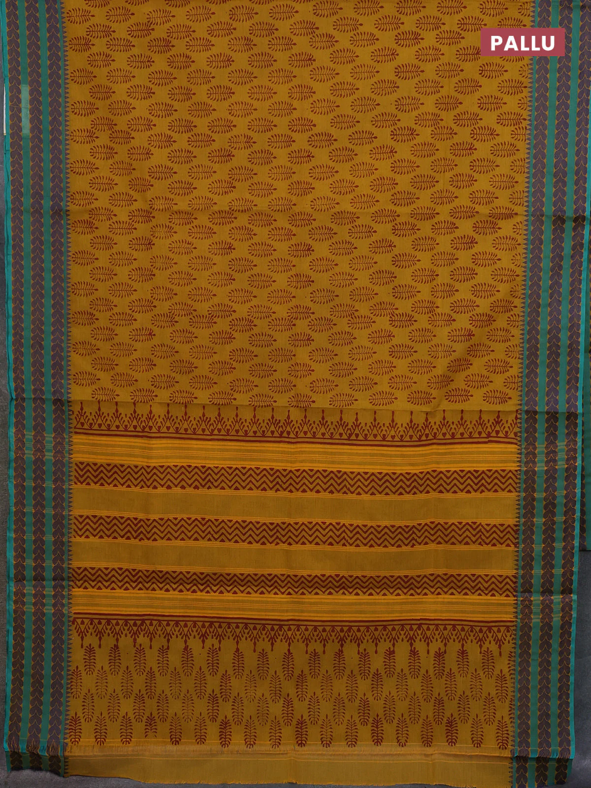 Chettinad cotton saree dark mustard and teal green with allover butta prints and thread woven border - Image 3